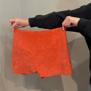 Orange Rhinestone Embellished Women's Shorts